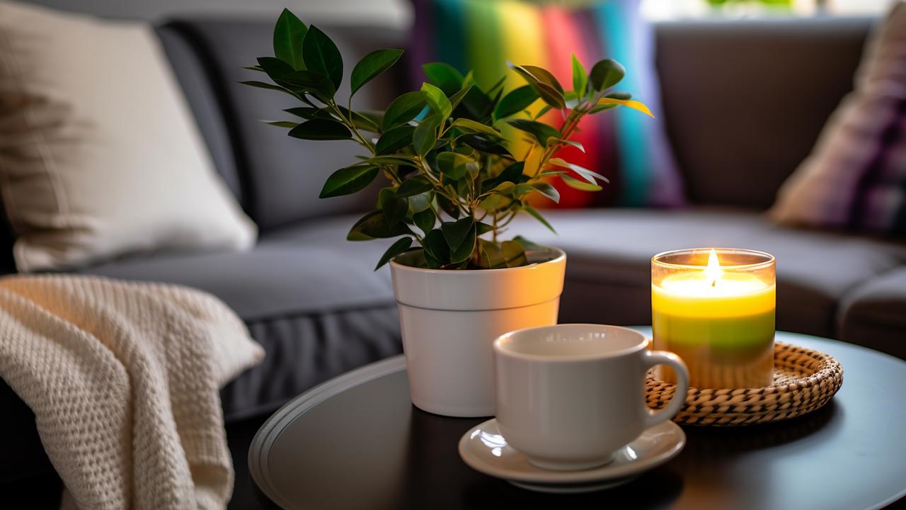 AI-generated image that illustrates a cup of coffee or tea in a cozy living room, with a rainbow patterned pillow in the back.