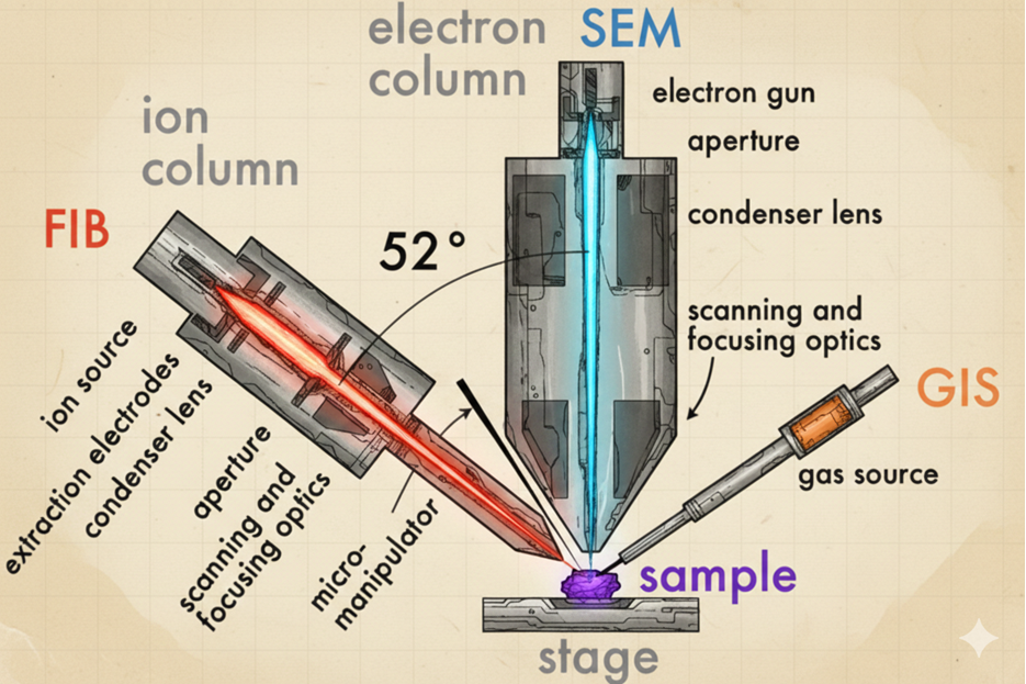 This image illustrates a dual beam Scanning Electron Microscope (SEM) and Focused Ion Beam (FIB) system