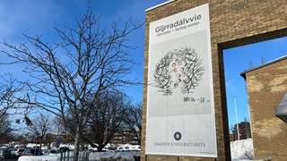En vepa med ett textilt motiv av konstnären Britta Marakatt Labba, på ett valv vid Humanisthuset.