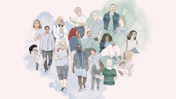 Illustration i kollageform av människor i olika åldrar.
