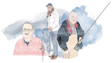 Illustration av tre män över 55 år som står bredvid varandra. Den första mannan i rosa skjorta och glasögon, den andra mannen står vid sin cykel och den tredje är friluftsklädd med ett fiskespö i handen.