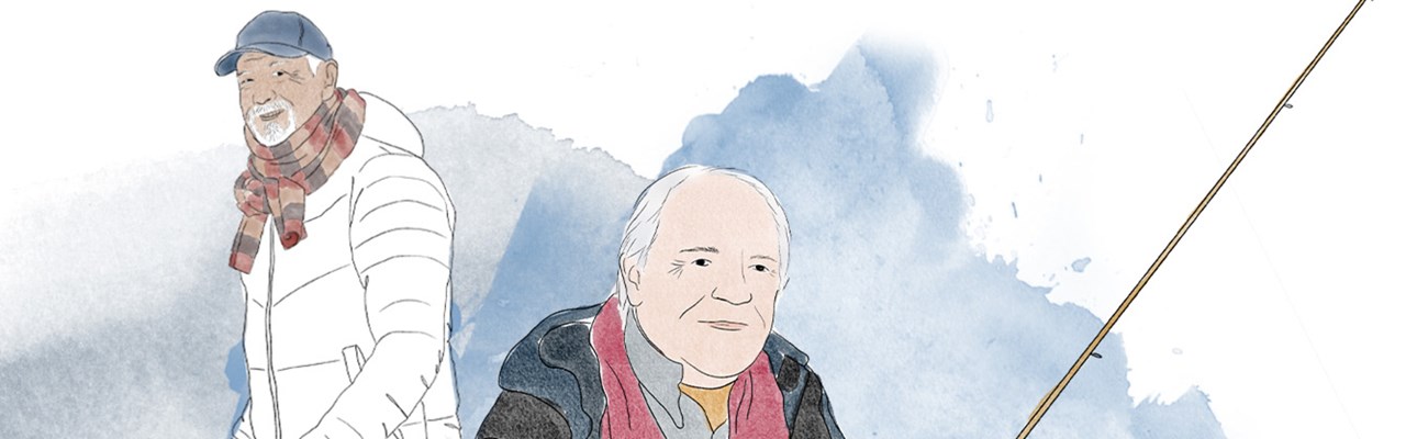 Illustration av tre män över 55 år som står bredvid varandra. Den första mannan i rosa skjorta och glasögon, den andra mannen står vid sin cykel och den tredje är friluftsklädd med ett fiskespö i handen.