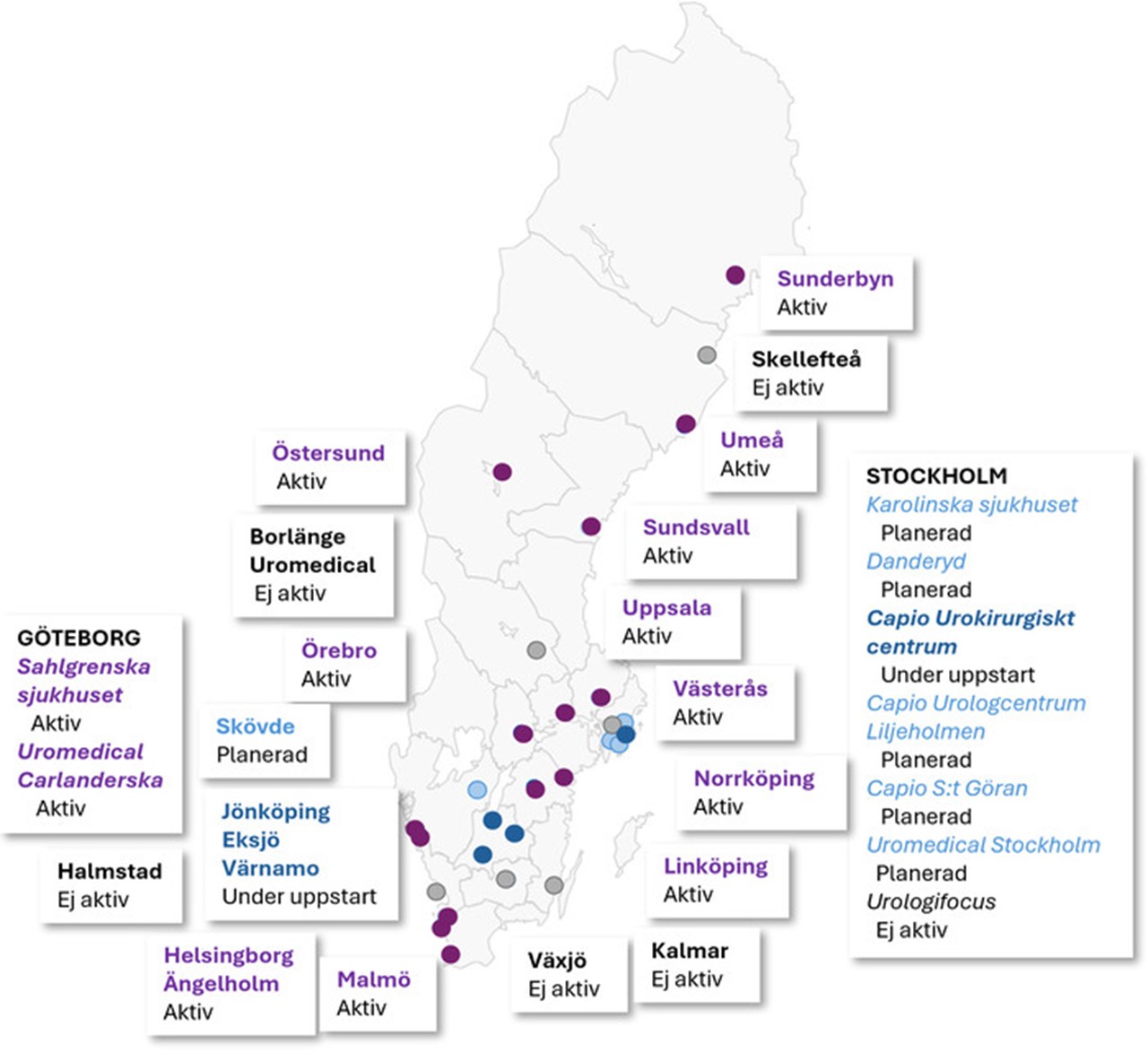 Karta &ouml;ver kliniker i Sverige kopplade till SPRINTR.