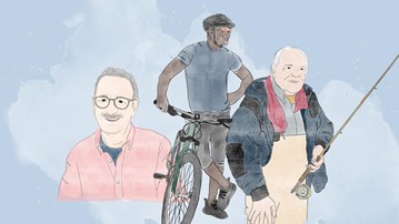 Illustration av tre män över 55 år som står bredvid varandra. Den första mannan i rosa skjorta och glasögon, den andra mannen står vid sin cykel och den tredje är friluftsklädd med ett fiskespö i handen.