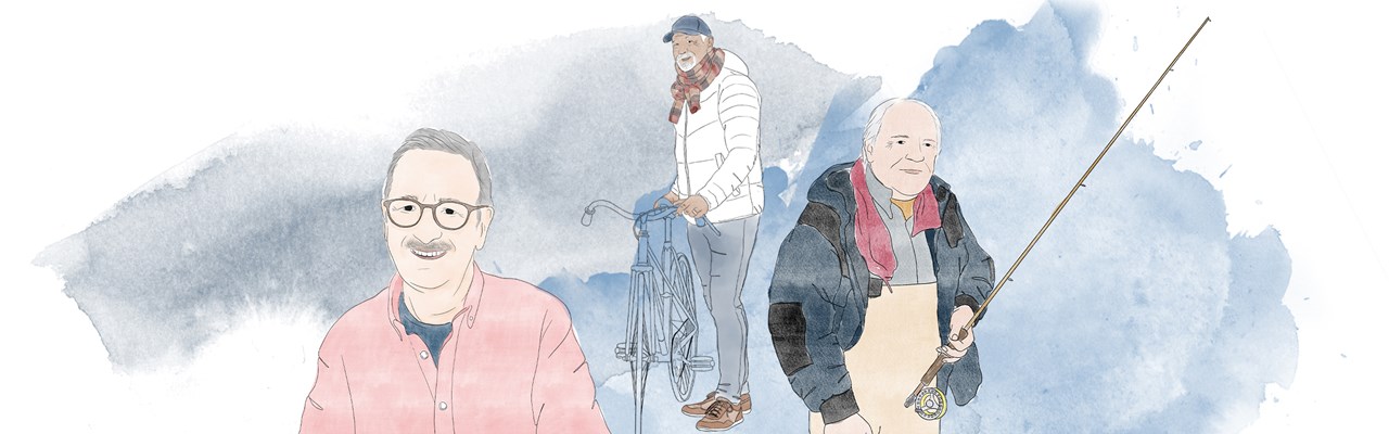 Illustration av tre män över 55 år som står bredvid varandra. Den första mannan i rosa skjorta och glasögon, den andra mannen står vid sin cykel och den tredje är friluftsklädd med ett fiskespö i handen.