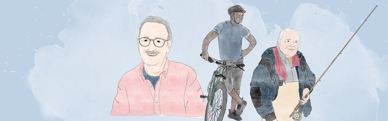 Illustration av tre män över 55 år som står bredvid varandra. Den första mannan i rosa skjorta och glasögon, den andra mannen står vid sin cykel och den tredje är friluftsklädd med ett fiskespö i handen.
