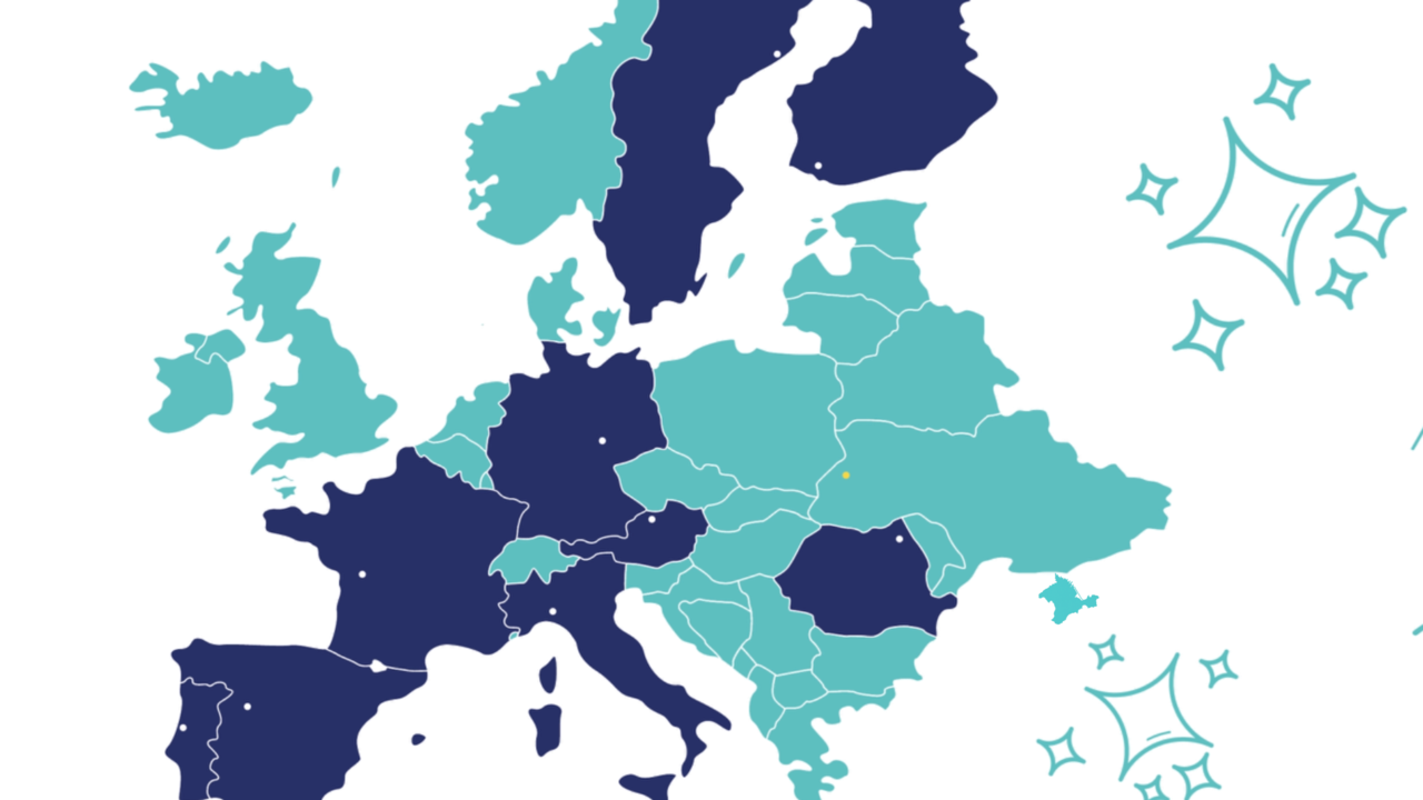 En blåvit karta över Europa med en grupp människor.