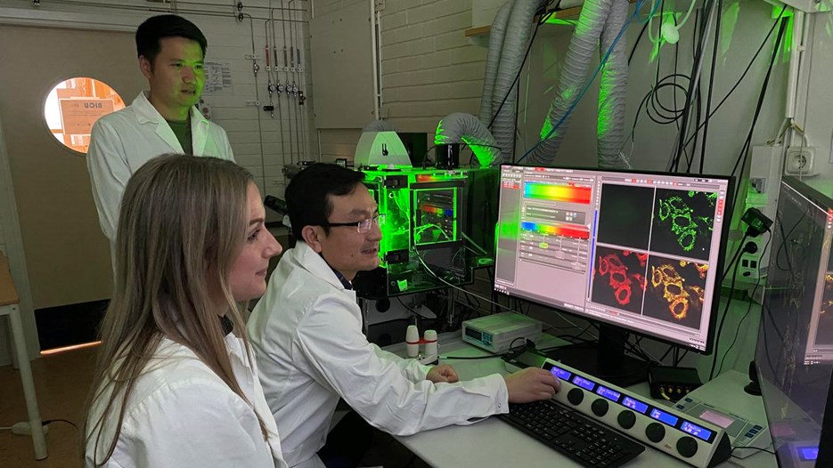 Jun Zhang, Laura Herzog, and Yaowen Wu in front of the computor.