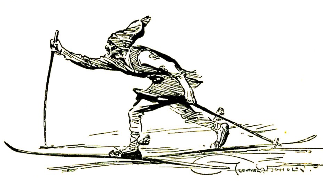 En teckning av en man p&aring; skidor som h&aring;ller i en stav.