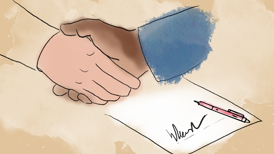 Illustration, handslag och underskrift