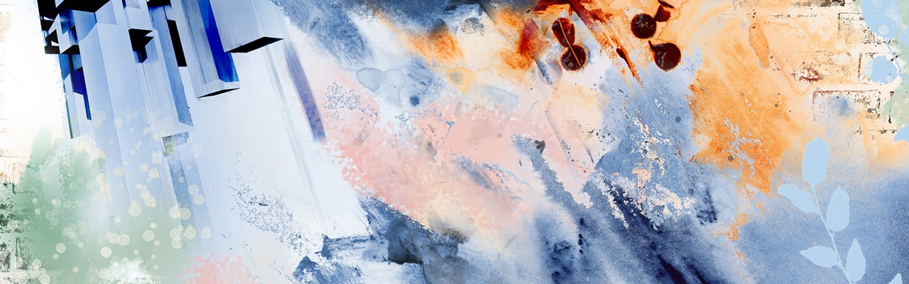 En abstrakt målning av en tegelvägg och en blå himmel.