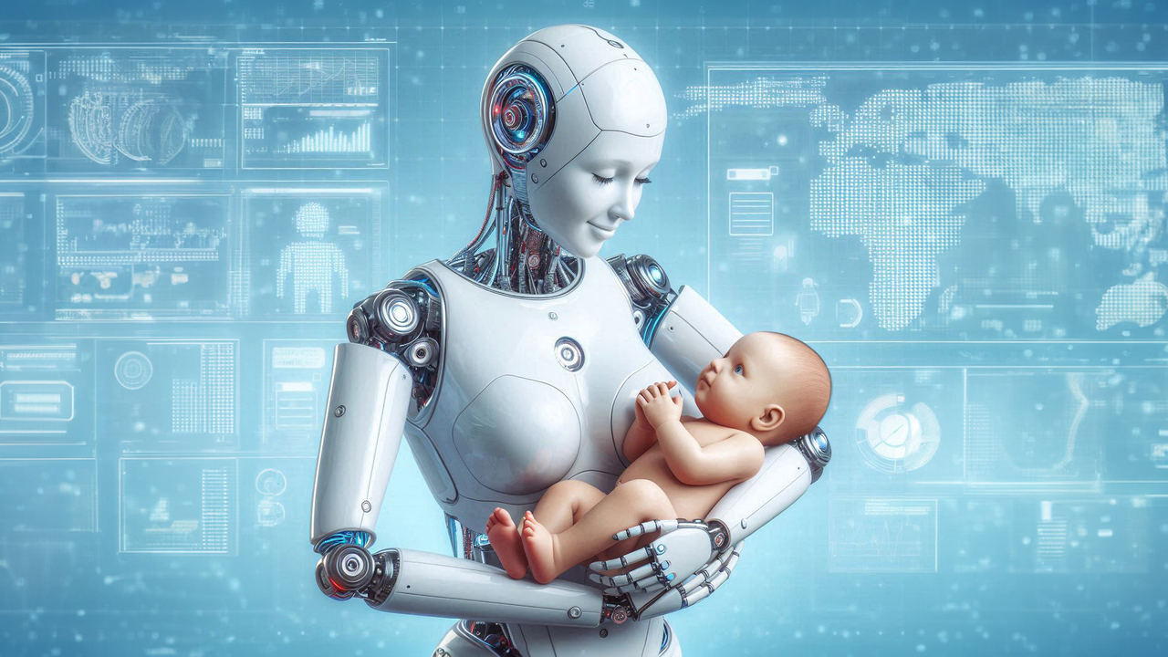 En robot som &auml;r kvinnligt kodad h&aring;ller i en bebis. AI-genererad.