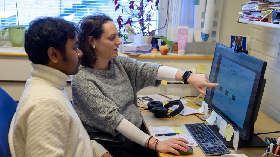 A man and a woman sitting at a desk looking at a computer screen.