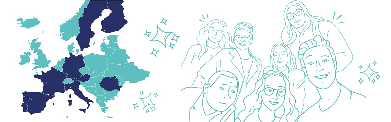 En blåvit karta över Europa med en grupp människor.