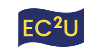 A blue and yellow flag with the words ec2u.