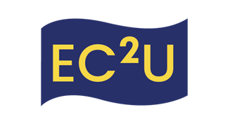 A blue and yellow flag with the words ec2u.
