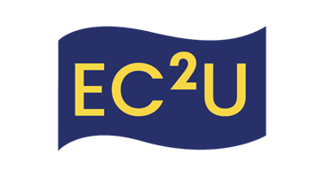 A blue and yellow flag with the words ec2u.