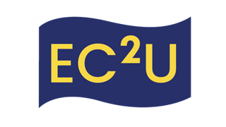A blue and yellow flag with the words ec2u.