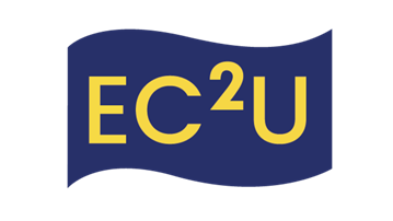 A blue and yellow flag with the words ec2u.
