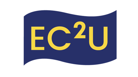 A blue and yellow flag with the words ec2u.