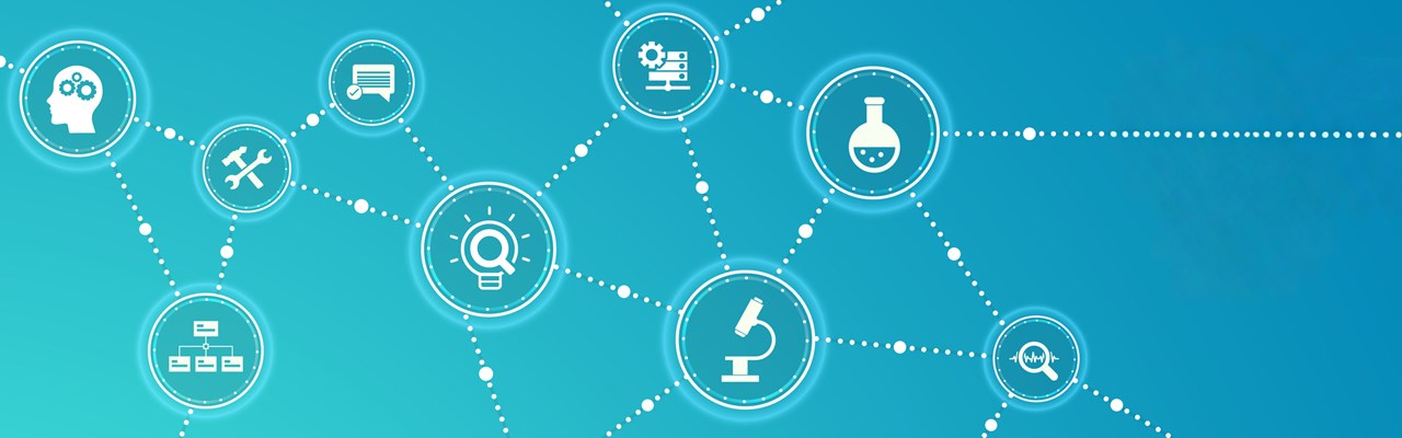Research  development vector illustration. Concept with connected icons related to project management, product design or engineering, business development