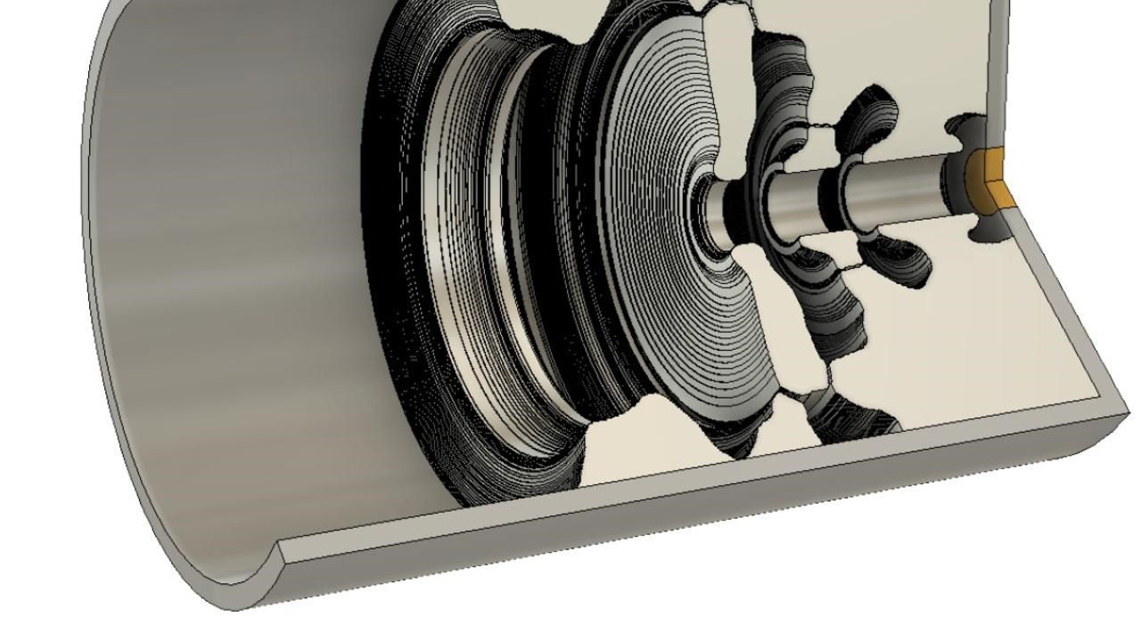 3D CAD cross-sectional rendering of a cylindrical component with complex internal structures generated by topology optimization