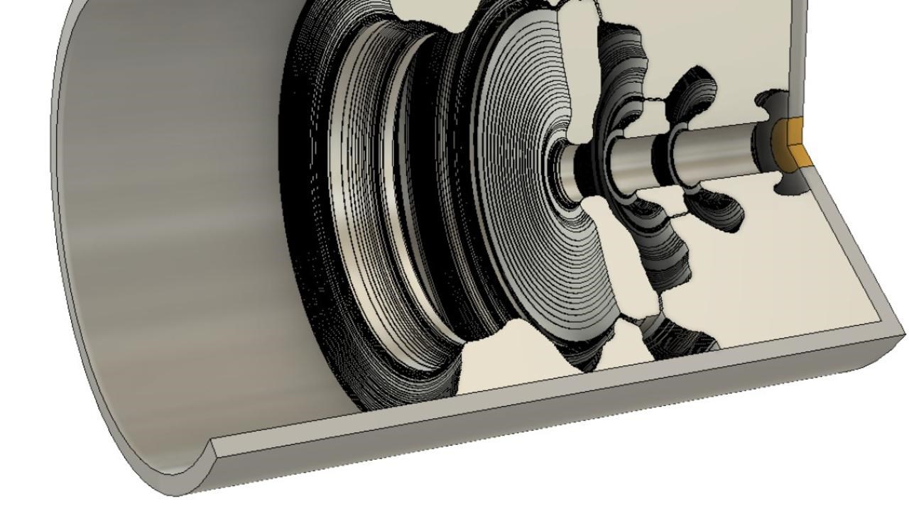 3D CAD cross-sectional rendering of a cylindrical component with complex internal structures generated by topology optimization