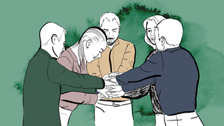 Illustration of people with their hands joined in the middle of the circle.