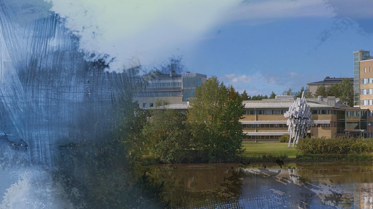 Abstrakta f&auml;rgformer i bl&aring;tt och orange &ouml;verlagrar ett fotografi av campusbyggnader vid campusdammen.