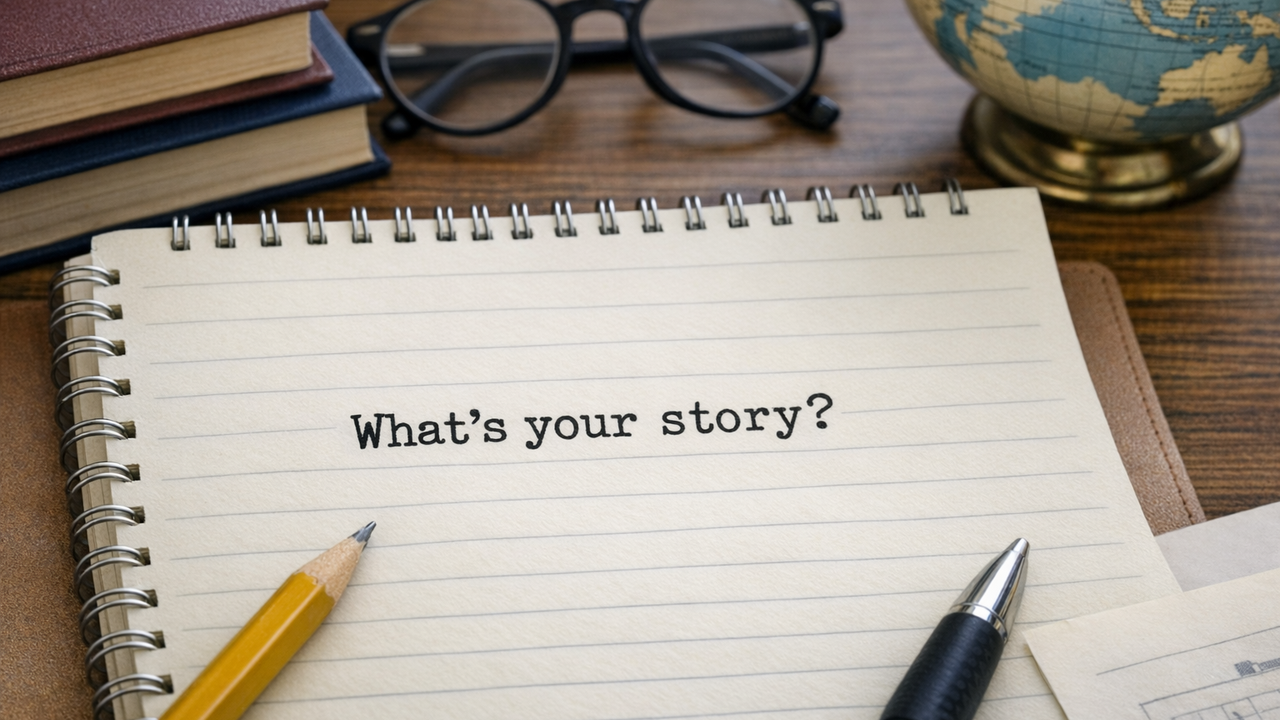 anteckningsbok med texten vad är din berättelse