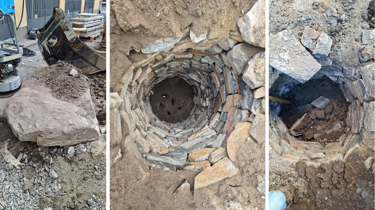 Collage av tre foton av olika stadier av fril&auml;ggning och  utgr&auml;vning av en gammal brunn.