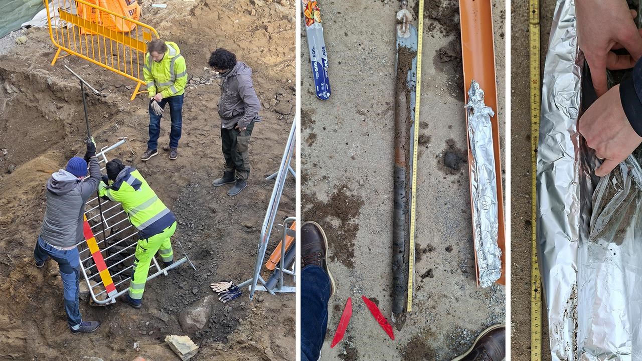 Collage av tre foton som visar provtagning av jordlager ur och omkring en gammal brunn.