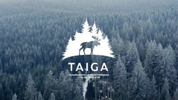 TAIGA logo over aerial view of a forest in winter