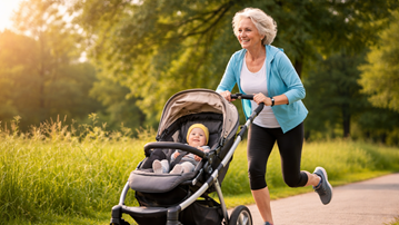 senior springer med barnvagn