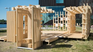Student-built pavilion outside Umeå School of Architecxture