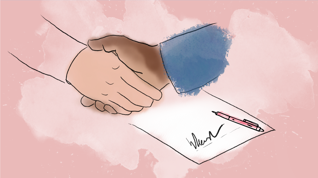 Illustration, handslag och underskrift