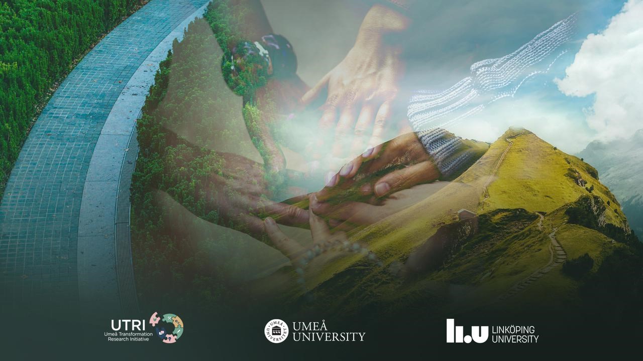 En formaterad temabild med händer som håller i varandra tillsammans med vägar och natur. Logotyp för UTRI, Umeå universitet och Linköpings universiet.