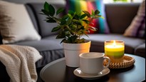En soffa med mjuka kuddar, varav en regnbågsfärgad. Soffbordet har en krukväxt, en kaffekopp och ett tänt ljus.
