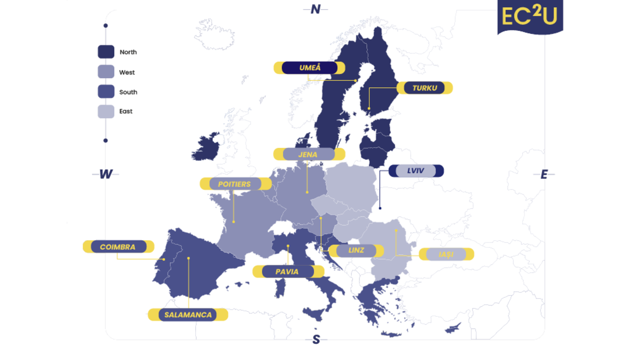 Illustrativ Europakarta som visar deltagande länder i alliansen EC2U