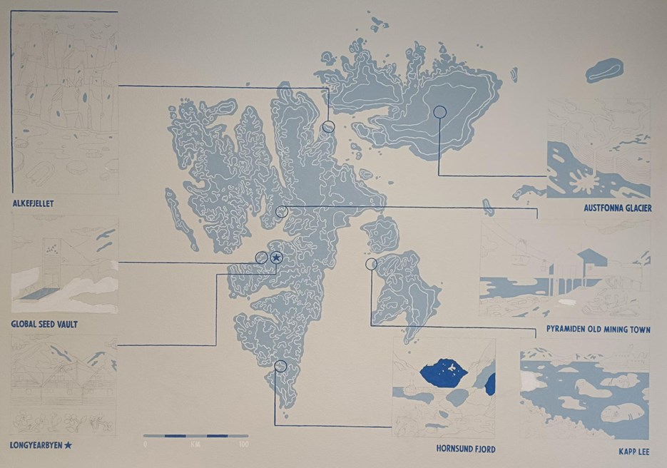 A mural in blue colors that represents a map over Svalbard.