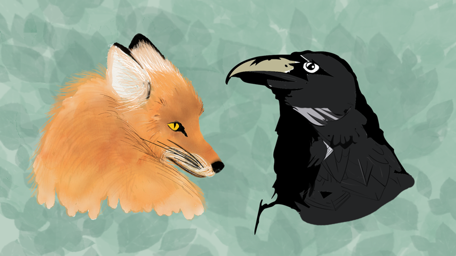 Räv och korp. Illustration.