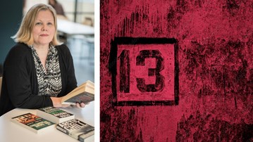 Kollage. Katarina Gregersdotter sitter vid ett bord och hålleri i en bok. Andra bilden visar siffran 13 mot en röd bakgrund.