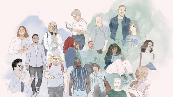 Illustration i kollageform av människor i olika åldrar.