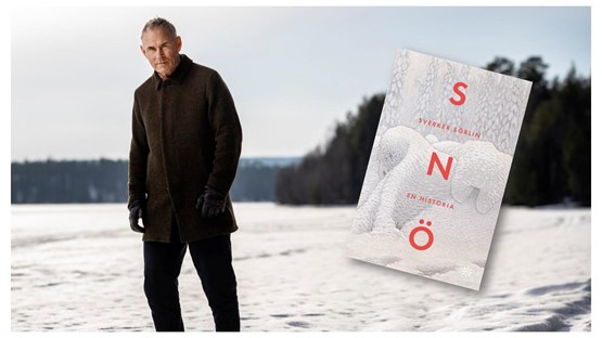 Man in winter landscpe and book cover. 