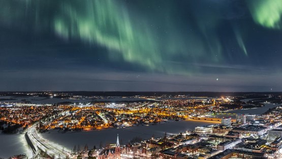 Aurora Borealis in the center city of Umeå in northern Sweden