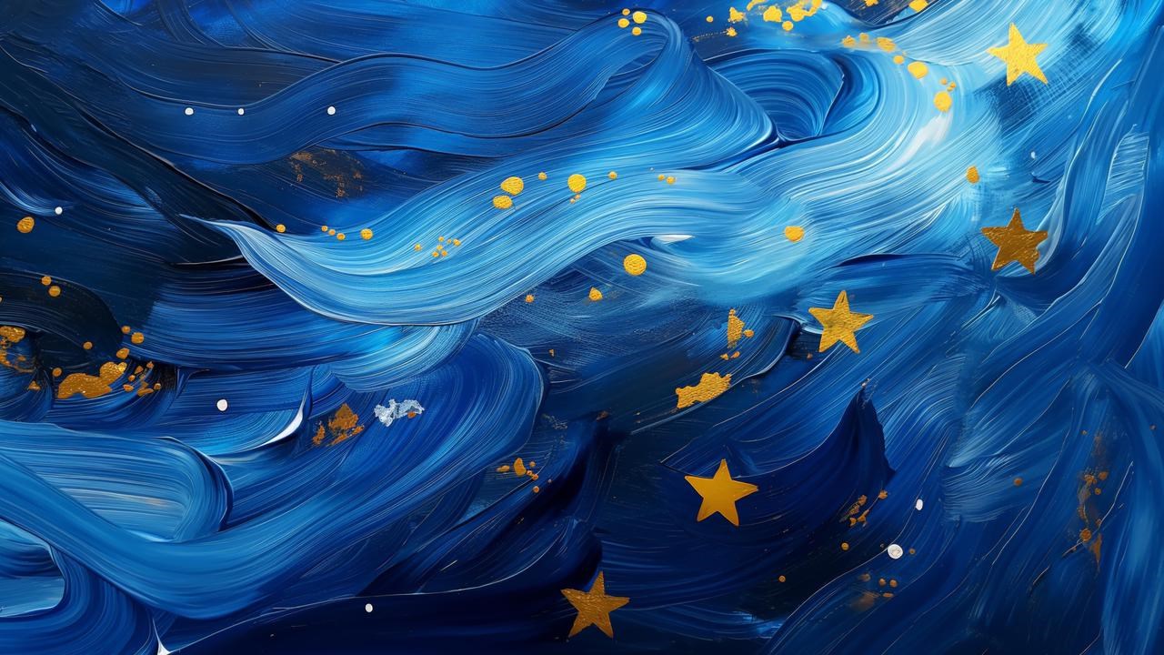 En målning av en blå himmel med guldstjärnor, likt EU-flaggan.