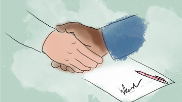 Illustration, handslag och underskrift