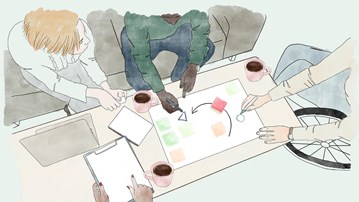 Illustration av fyra personer som sitter kring ett bord med papper, pennor och dator. De pekar och samarbetar kring materialet på bordet.