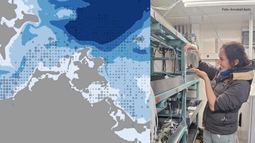 Collage with map and Laura Fuchs performing experiments