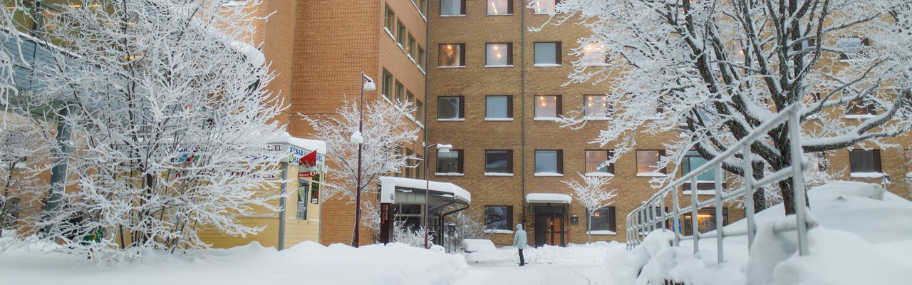 Gul tegelbyggnad på vintern